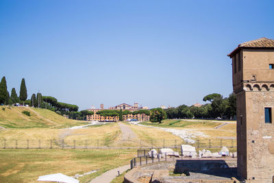 View of historic building against clear blue sky