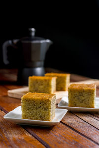 Close-up of cake served on table