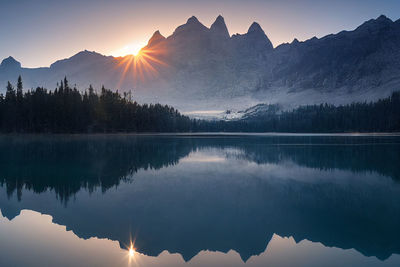 Spirit island alberta canada ,jasna lake with beautiful reflections of the mountains. slovenia