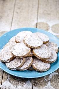 High angle view of cookies in plate on table