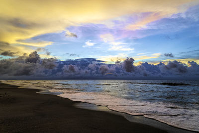 Scenic view of beach against sky during sunset