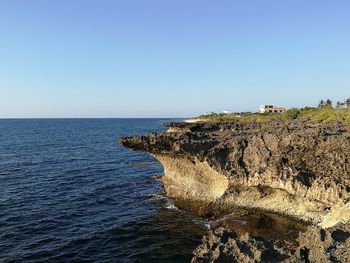 Scenic view of sea against clear blue sky
