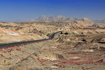 Scenic view of desert against clear blue sky