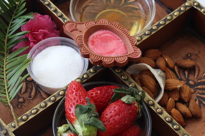 High angle view of food and drink in basket