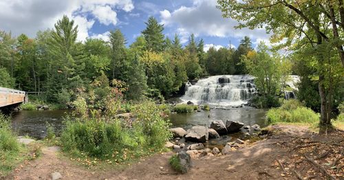 Scenic view of waterfall in forest against sky