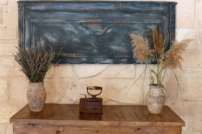 Potted plants in old wooden wall