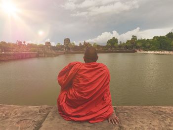 Rear view of a man in a temple