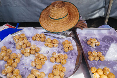 High angle view of food for sale