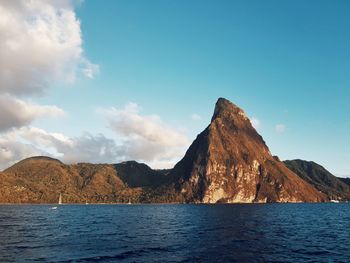 Scenic view of sea by mountains against sky