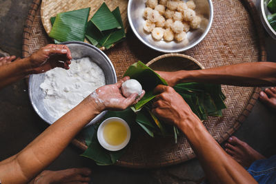 High angle view of man preparing food