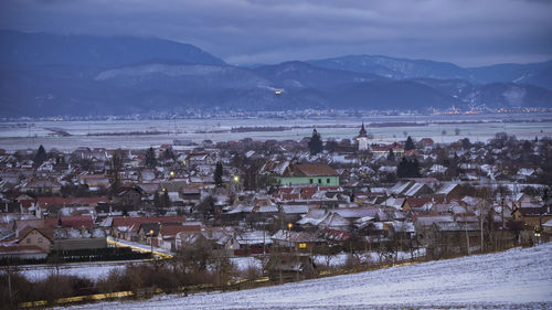 High angle view of townscape against sky during winter