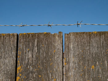 Low angle view of barbed wire fence