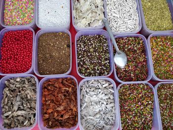 High angle view of vegetables for sale in market stall