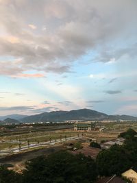 High angle view of land against sky