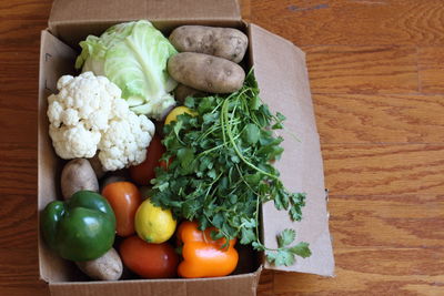 High angle view of vegetables on cutting board