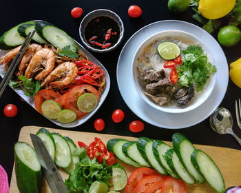 High angle view of meal served on table