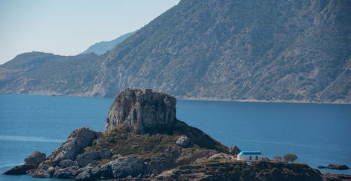 Blue white church on the small island of agios stefanos kefalos kos greece