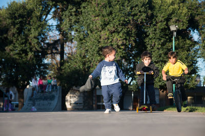 Boys playing on land against trees