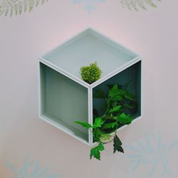 Digital composite image of potted plant on table against wall