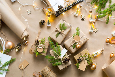 High angle view of christmas decoration on table