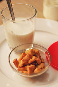 Close-up of breakfast served on table