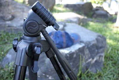 High angle view of camera on rock