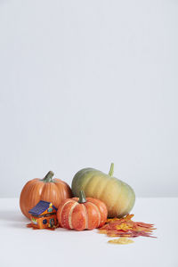 Close-up of fruits on table against white background