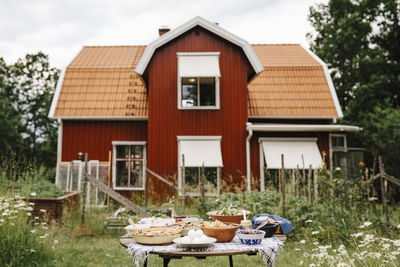 Food on table in garden