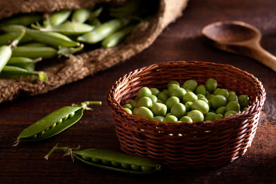 Close-up of fruits in basket on table