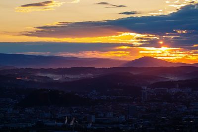 High angle view of townscape against sky during sunset