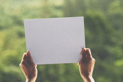 Close-up of hand holding paper against blurred background