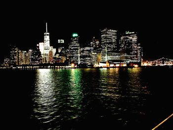 View of city lit up at night