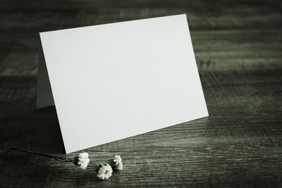 High angle view of book on table