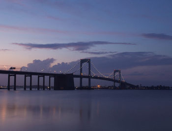 Suspension bridge over sea against sky during sunset