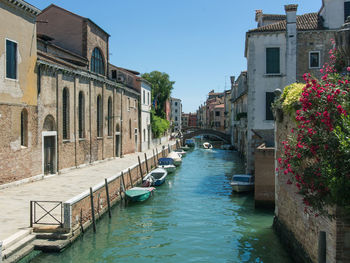 Canal amidst buildings against clear sky