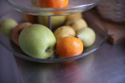 High angle view of fruits in bowl on table