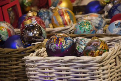 Close-up of baubles wicker baskets