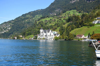 Scenic view of sea by buildings against sky