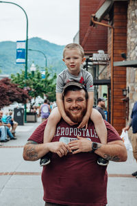 Portrait of father and son downtown gatlinburg