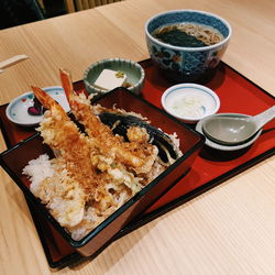 High angle view of sushi served on table