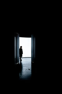 Silhouette of a woman standing at the entrance of building