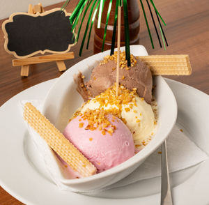 High angle view of dessert in plate on table