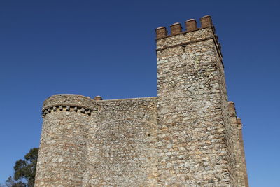 Low angle view of old ruin against clear blue sky