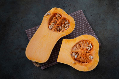 High angle view of pumpkins on table