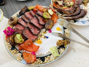 High angle view of food in plate on table