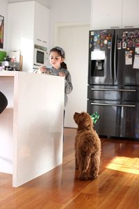 Young woman with cat on hardwood floor at home