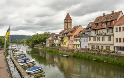 Panoramic view of river amidst buildings in city against sky