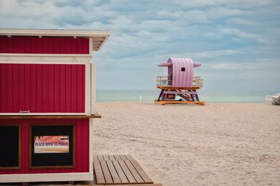 Lifeguard hut on beach against sky