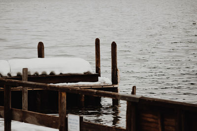 View of bird on wooden post in lake