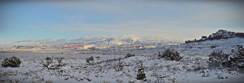 Scenic view of landscape against sky during winter